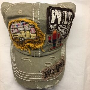New Kbethos Vintage cap wild and free happy camper patches army green
